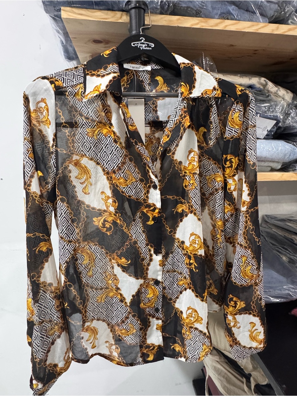 Sheer Black & Gold Baroque Button-Up Blouse